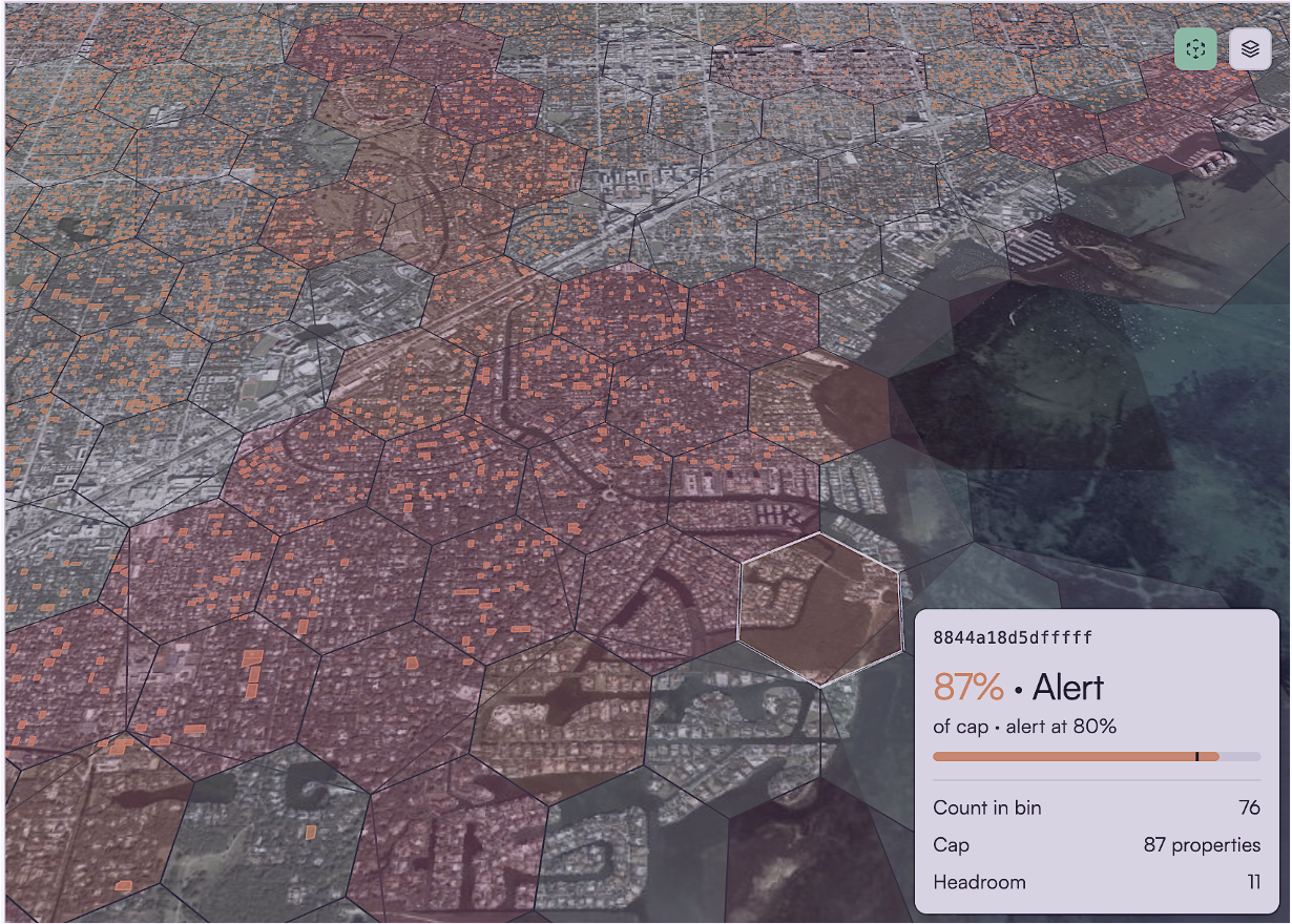 Satellite exposure map with highlighted properties, hexagonal aggregation areas, and a selected area showing an 87% alert, with 76 properties against a cap of 87. Illustrative.